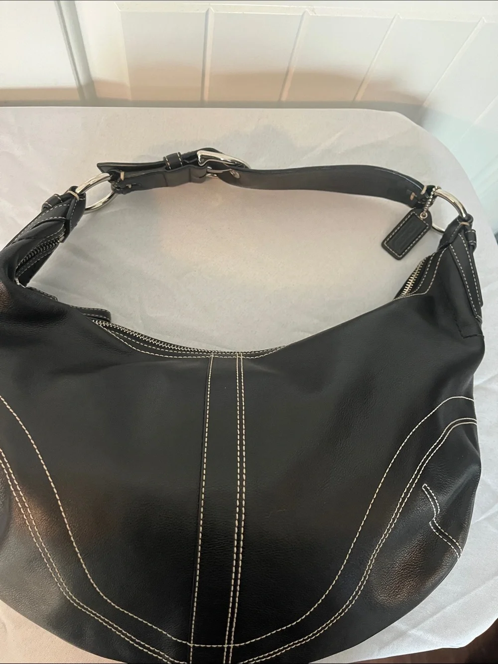 Coach Black Leather Hobo with White Contrast Stitching